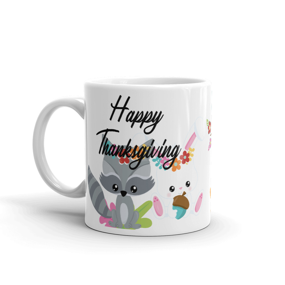 Kawaii Happy Thanksgiving Coffee Mug with Owl and Pumpkin