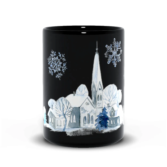 Peaceful Christmas Scene on Black Ceramic Mug