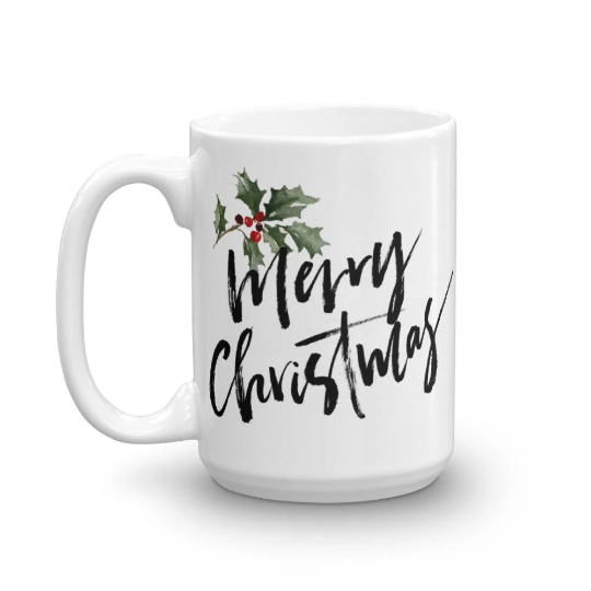 Merry Christmas Coffee Mug with Holly Sprig